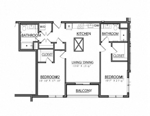 Floor plan for 2 beds, 2 baths, 1029 sqft
